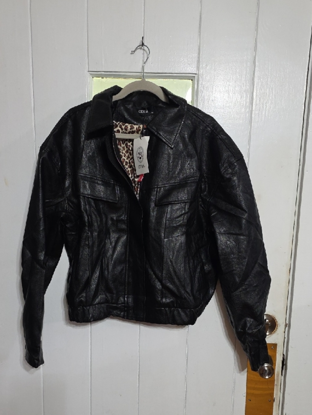 NWT Cider Women's Black Faux Leather Jacket Cheetah Lining‎ Zips Pockets Sz XL